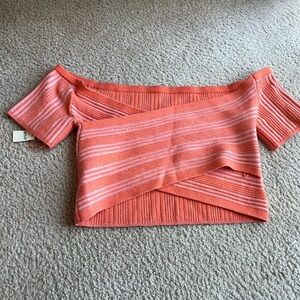 Aerie Striped Off-Shoulder Crossover Reversible Crop Top in Coral & Light Pink